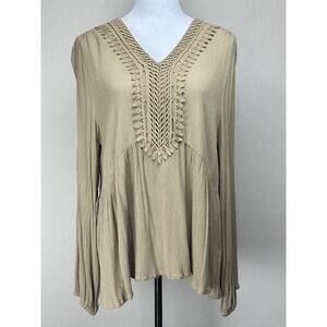 Vtg Lace Tan Y2K Babydoll Long Sleeve Top Empire Size XL Boho Fairy Cottagecore